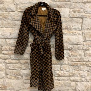 ACOA faux fur brown and black checkered coat, size Small